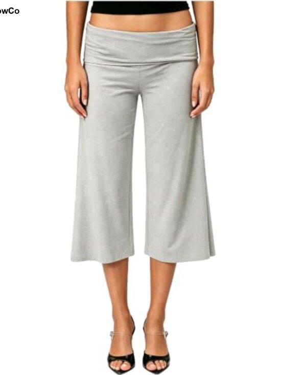 Pants - Womens Flowy Wide Leg Gaucho Capri Pants Fold Over Yoga Sweatpants